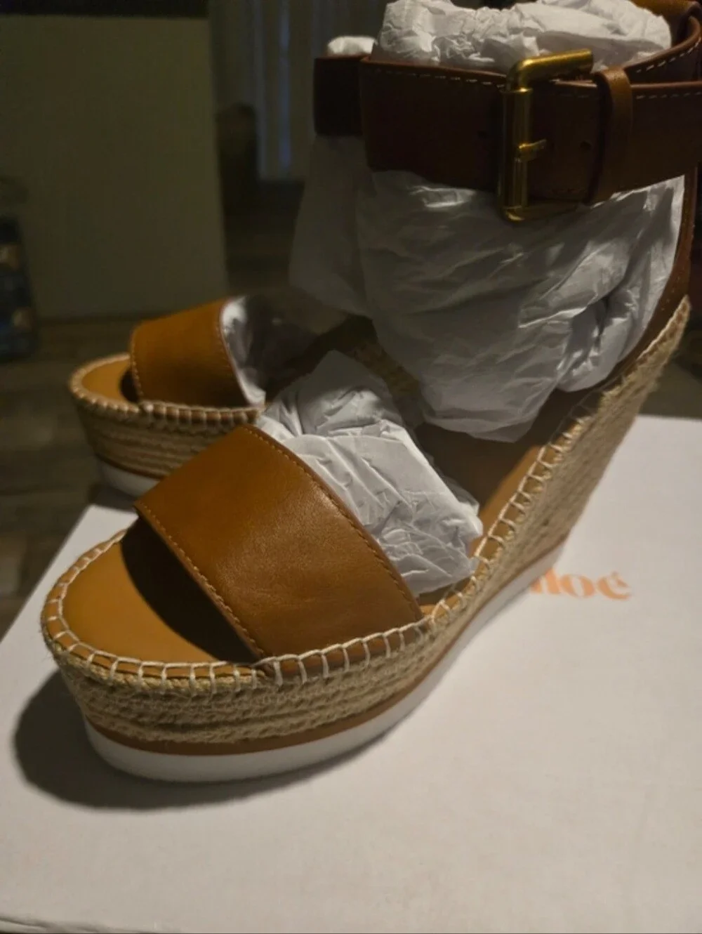 See By Chloe Cognac Leather Espadrille Wedge Sandals